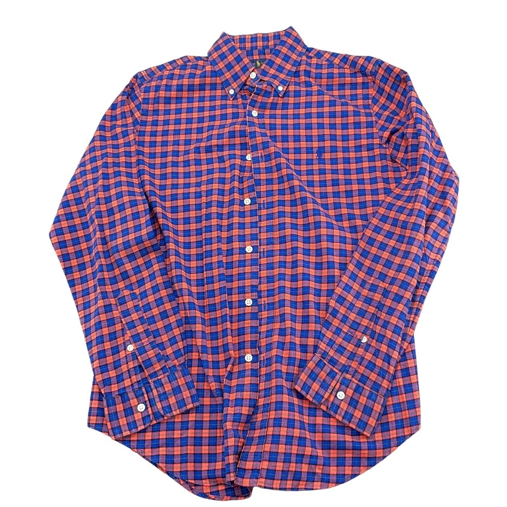 Ralph Lauren Shirt Men Medium Red Blue Flannel Check Plaid Classic Button Down